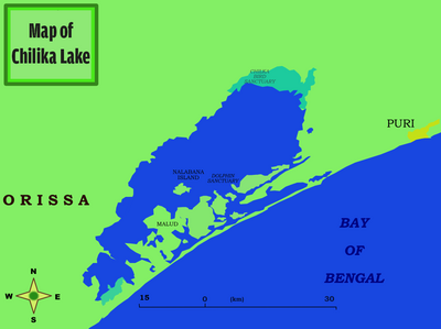Map of lake Chilka with near-by settlement of Puri.