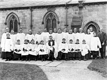 The choir at Aberford, near Leeds, West Yorkshire, in the early 20th century. Choir at St Ricarius Aberford.jpg