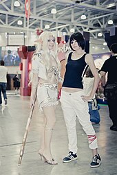 The characters of Light Elf from Lineage II (Left) and Faith Connors from Mirror's Edge (Right) portrayed at IgroMir 2011. Cosplayers at Igromir 2011.jpg