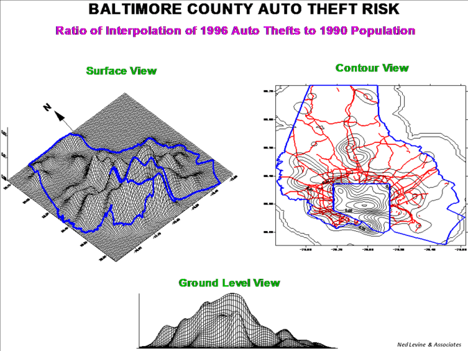 Auto theft risk in Baltimore County produced by CrimeStat dual kernel density routine. CrimeStat Dual Kernel.png