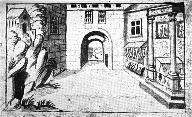 An example of décor simultané, the setting for Pierre du Ryer's tragicomedy Lisandre et Caliste, first performed c. 1630 at the Hôtel de Bourgogne