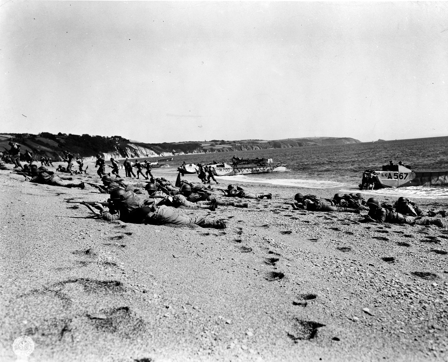 American troops landing on beach in England during rehearsal for invasion of Nazi occupied France ("<a href="https://en.wikipedia.org/wiki/Exercise_Tiger">Exercise Tiger</a>").