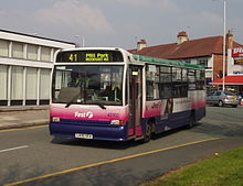 Marshall bodied Dennis Dart in Bromborough in March 2007 in the original "Barbie 2" livery DennisDartMarshallC37busFirstWirral.jpg