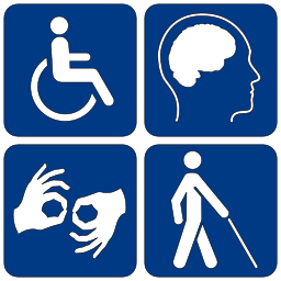 A collection of accessibility pictograms, including three used by the United States National Park Service: a wheelchair accessible symbol, a low vision access symbol, and a sign language interpretation symbol.