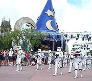 Imperial Stormtroopers parade near the Sorcerer's Hat during Star Wars Weekends. Disneymgmstudios.jpg