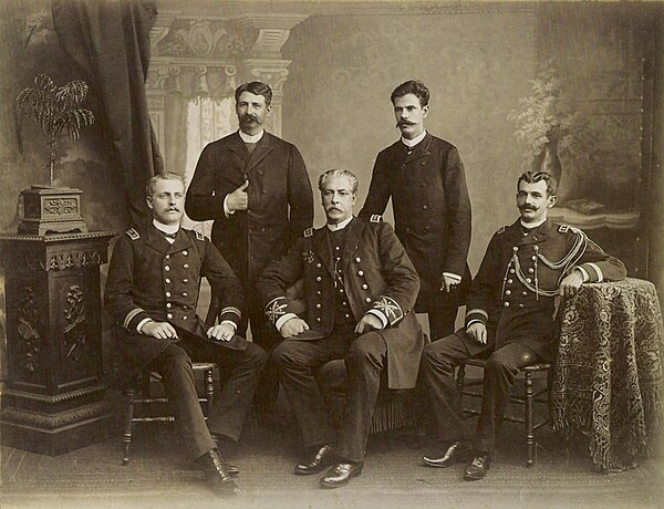 Officers of the Armada. Seated, Prince August (left) and Admiral Eduardo Wandenkolk (center), 1889.