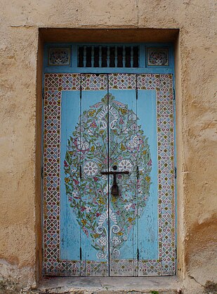 An ornately painted door in the kasbah, near the museum