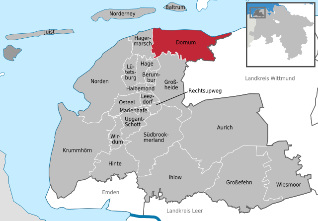 Läget för kommunen Dornum i Landkreis Aurich