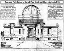 An illustration of the observatory that appeared in the Des Moines Register in 1921 DrakeMuniObservatory 20feb1921.png
