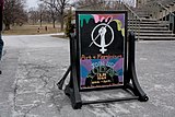 Editing for Wikipedia during the 2016 Art + Feminism Wikipedia edit-a-thon at Cornell University on March 5, 2016. Welcome sign by Carla DeMello