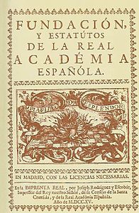 Portada de la primera edició de Fundació i estatuts de la Reial Acadèmia Espanyola (1715).