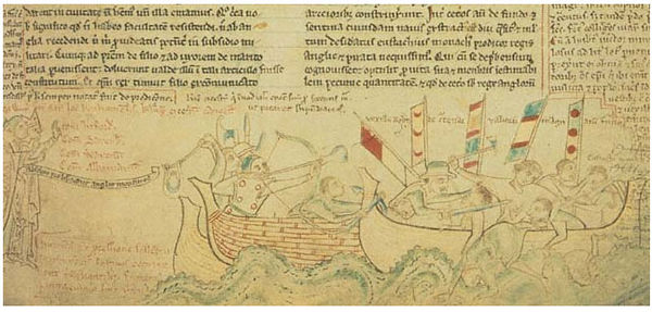 The Battle of Sandwich in 1217, showing the capture of the French flagship and the execution of Eustace the Monk (r) and the support of the English bi