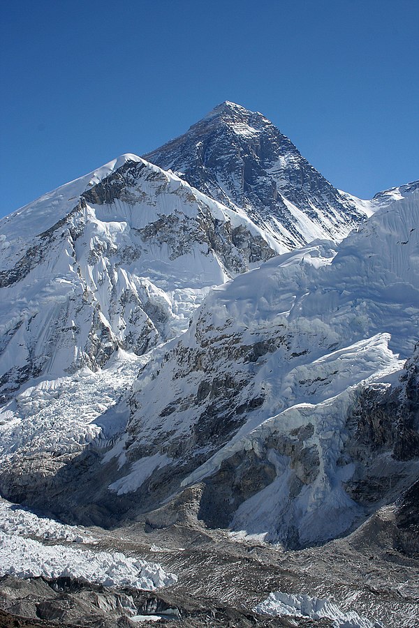 Mount Everest. The route the British took started up the Khumbu Icefall − seen spilling out of the Western Cwm (hidden from view) − Lhotse Face and re