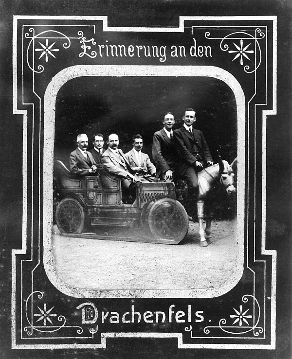 Schwarzschild, third from left in the automobile; possibly during the Fifth Conference of the International Union for Co-operation in Solar Research, 