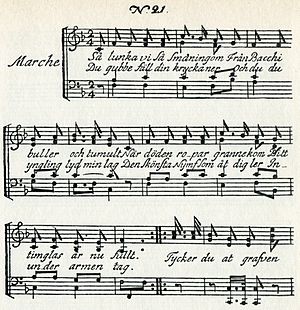 Start of Fredman's Song 21, Så lunka vi så småningom (So we gradually amble). March, 24 time, 1791. The song refers to Bacchus's tumult; the gravediggers discuss whether the grave is too deep, taking swigs from a bottle of brännvin.