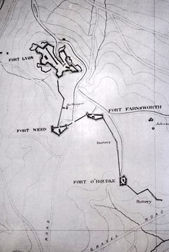 Map of the defenses between Fort Lyon and Fort O'Rourke. Mount Eagle is shown under the name of its owner, Court Johnson. The Ballenger house between Fort Lyon and Fort Weed served as the headquarters of Major General Samuel P. Heintzelman in 1862-1863. Ft. Lyon sector map.tif
