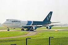 G-BDXH, operating for European Aviation Air Charter in August 2003, six months before it was withdrawn from use. G-BDXH B747-236B European Air Chtr(blue c-s) MAN 09AUG03 (10559427266).jpg