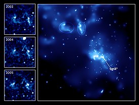 Sagittario A* (al centro) e due echi luminosi di una recente esplosione (cerchiati)