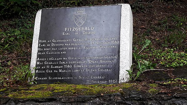 Monument marking the site of the capture and execution of the Earl of Desmond James FitzMaurice FitzGerald in Glanageenty forest, County Kerry.