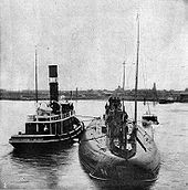 U-Deutschland at Port of Baltimore, Maryland 10 July 1916, in an image from the New International Encyclopedia German submarine Deutschland.jpg