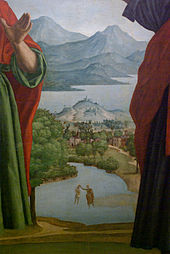 Ausschnitt des Gemäldes Madonna della quercia (Eichenmadonna) von Girolamo dai Libri (nach 1533). Das Bild zeigt den Gardasee von Süden her gesehen. Im Vordergrund der Fluss Mincio, in dem vermutlich Johannes der Täufer Jesus tauft.