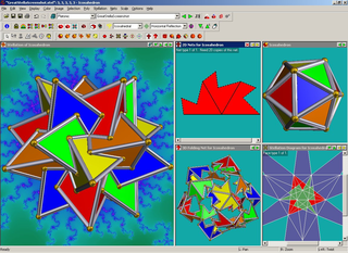 Screenshot from Great Stella software, showing the stellation diagram and net for the compound of five tetrahedra Great stella (software) screenshot.png