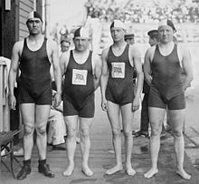 Penguin SC swimmers Percy Peter (2nd from right) and Leslie Savage (right) Harold Annison, Henry Taylor, Edward Percival Peter and Leslie Savage 1920.jpg