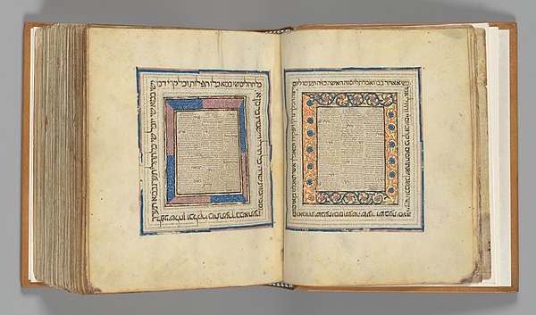 Bible manuscript in Hebrew, 14th century. Hebrew language and alphabet were the cornerstones of the Jewish national identity in antiquity.
