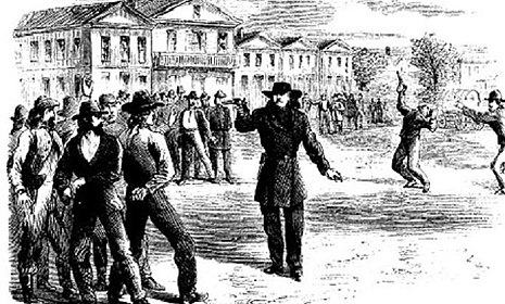 Wild Bill Hickok's duel with Davis Tutt became the quintessential quick draw duel in US history. Hickock Tutt Duel 1867 Harpers Monthly Magazine.jpg