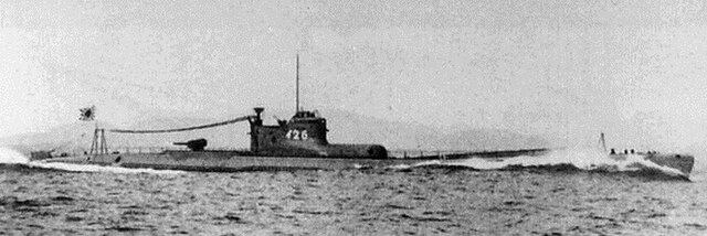 The Japanese Submarine I-26, a sister vessel to the I-25. Note the aircraft hangar immediately forward of the conning tower.