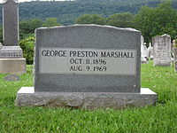 George Preston Marshall's grave at Indian Mound Cemetery in Romney, West Virginia. Indian Mound Cemetery Romney WV 2013 07 13 04.jpg