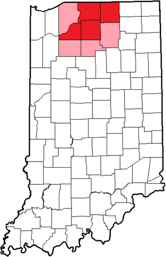 The Northern State Conference in Indiana. The counties in pink indicate multi-county high schools. Indiana (NSC2).png