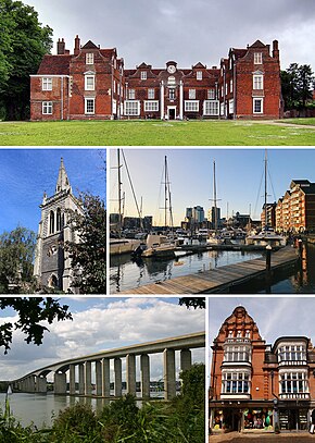 Shora dolů, zleva doprava: Christchurch Mansion, St Mary-le-Tower, Ipswich Waterfront, Orwell Bridge, Ipswich Town Center