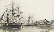 Jongkind, 12 Sept. 1865: 'Boten in de haven van Honfleur', aquarel en krijt op papier