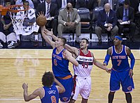Porzingis as an NBA rookie against the Washington Wizards Kristaps Porzingis and Kris Humphries.jpg
