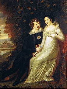 Therese und Ludwig als Kronprinzenpaar vor Schloss Johannisburg, Gemälde von Franz Theodor Berg, 1818 (Quelle: Wikimedia)