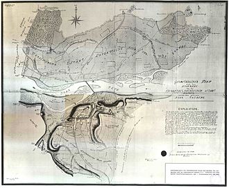 Der Gansmühlbach als Nordgrenze des Burgfriedens der Stadt Landau auf der Karte von 1798, mit der Gansmühle (die Rauchmühle, früher Kohlmühle, ist dort noch nicht nachgewiesen)