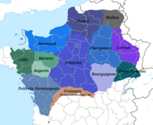 Les différentes langues d'oïl plus le Croissant. Les deux bourbonnais y sont représentés. Celui du nord est rattaché au groupe francien et celui méridional au Croissant.