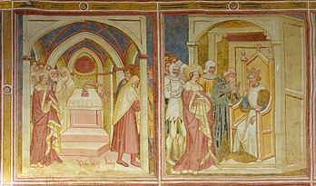 Scènes de la vie de Catherine d'Alexandrie sur une fresque du XVIe siècle dans l'église de Fiè allo Sciliar (région italienne du Trentin-Haut-Adige). (définition réelle 5 947 × 3 498)