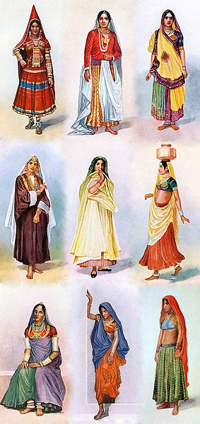 The painter M. V. Dhurandhar's illustrations of ghagra cholis, which were parts of Dixit's costumes