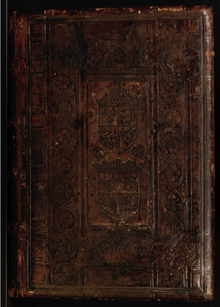 The 16th century gold tooled covers of the Llanbeblig Hours. Llanbeblig Hours binding.png