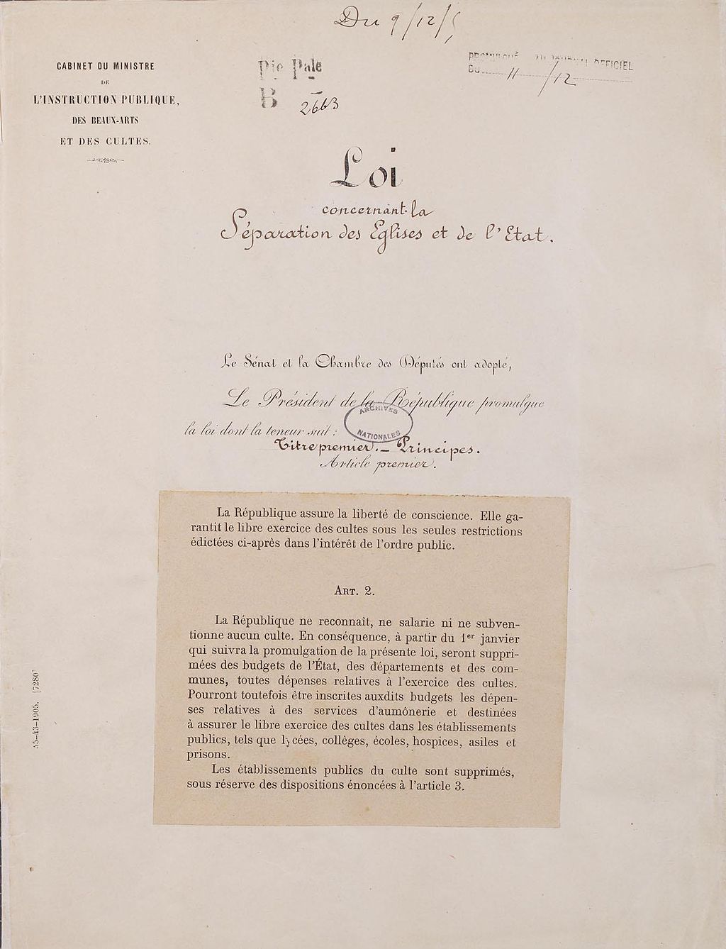 Description de l'image Loi de séparation des églises et de l’État. Page 1 - Archives Nationales - AE-II-2991.jpg.