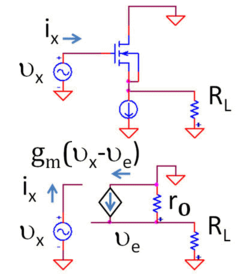 Figure 5: Top: MOSFET voltage follower Bottom: Small-signal, low-frequency equivalent circuit using hybrid-pi model MOSFET Voltage Follower.png