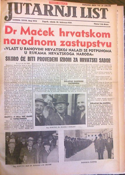 Croatian newspaper Jutarni List celebrating the agreement on 30 August 1939.