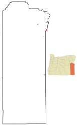 Malheur County Oregon Sisällytetyt ja rekisteröimättömät alueet Nyssa Highlighted.svg