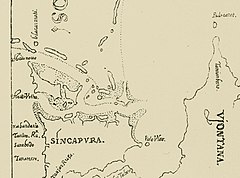 1604 map of Singapura by Portuguese cartographer Manuel Godinho de Eredia. Marked on the map are places such as Blacan mati (Sentosa), Xabandaria, Tana Mera, and Ujontana (the Malay Peninsula) Map of Singapura by Godinho de Eredia 1604.jpg