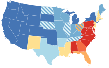 Map of local U.S. suffrage laws just prior to passing of the 19th Amendment
Dark blue = full women's suffrage
Bright red = no women's suffrage Map of US Suffrage, 1920.svg