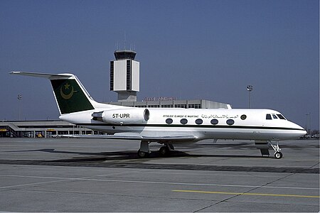 Mauritania Government G-1159 Gulfstream II at Basle Aiprort March 1987.jpg