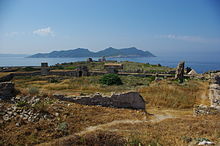 Blick über Alt-Methoni zur Insel Sapientza