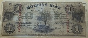 Molson's Bank banknote, 1855, paper - Château Ramezay - Montreal, Canada - DSC07551.jpg